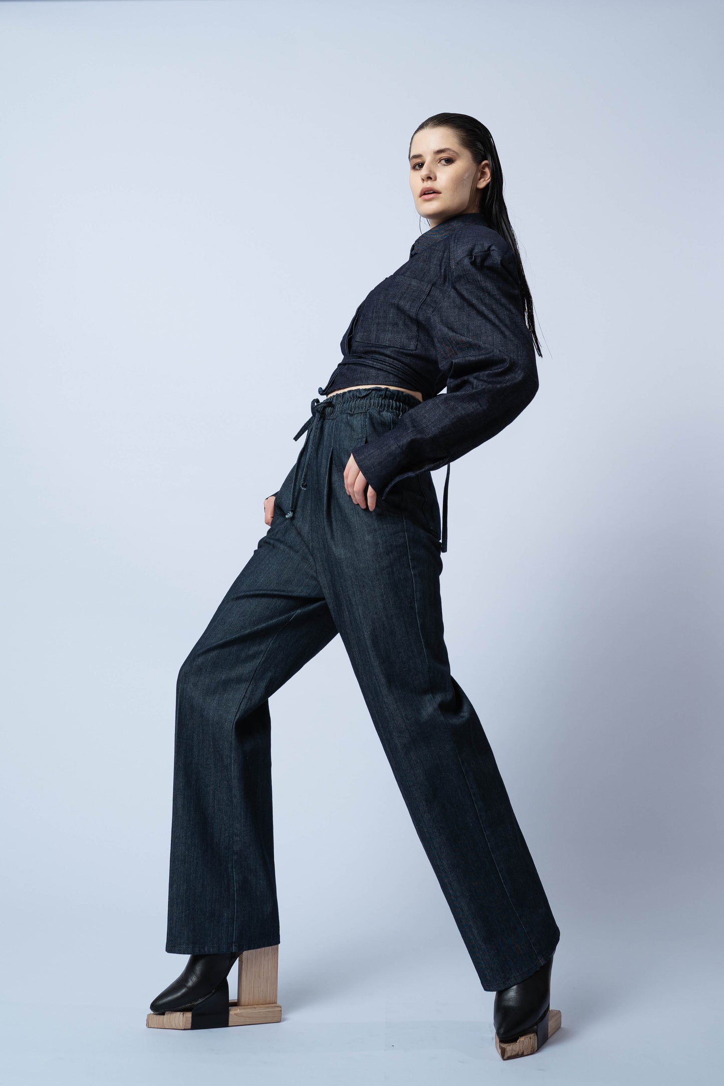 P6554 GALINI, OVERSIZE CROPPED JACKET, WITH TIES _ PRESS STUDS,JAPANESE COTTON, BLUE, SIZE- ONE SEZE FIT ALL