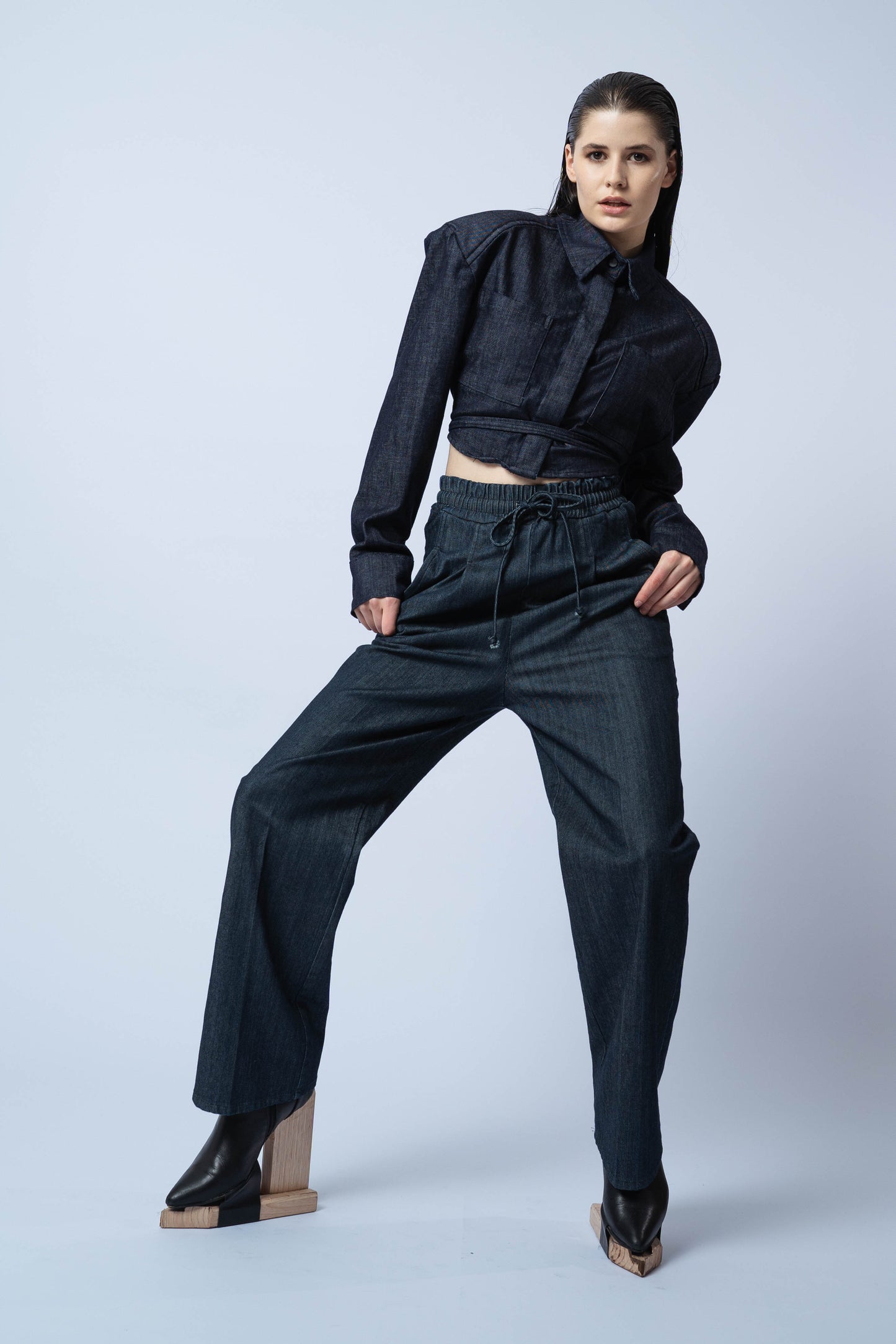 P6554 GALINI, OVERSIZE CROPPED JACKET, WITH TIES _ PRESS STUDS,JAPANESE COTTON, BLUE, SIZE- ONE SEZE FIT ALL