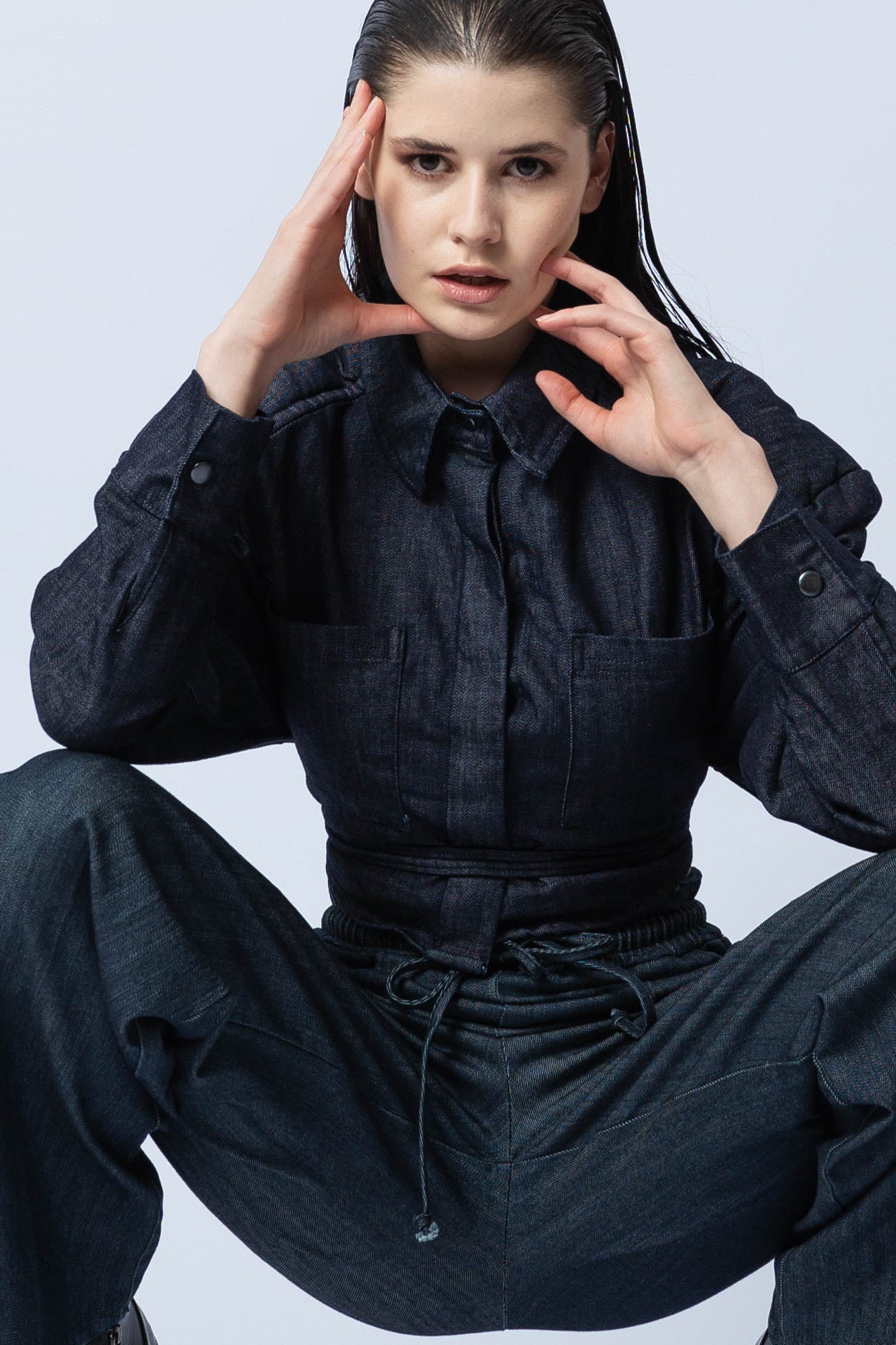 P6554 GALINI, OVERSIZE CROPPED JACKET, WITH TIES _ PRESS STUDS,JAPANESE COTTON, BLUE, SIZE- ONE SEZE FIT ALL
