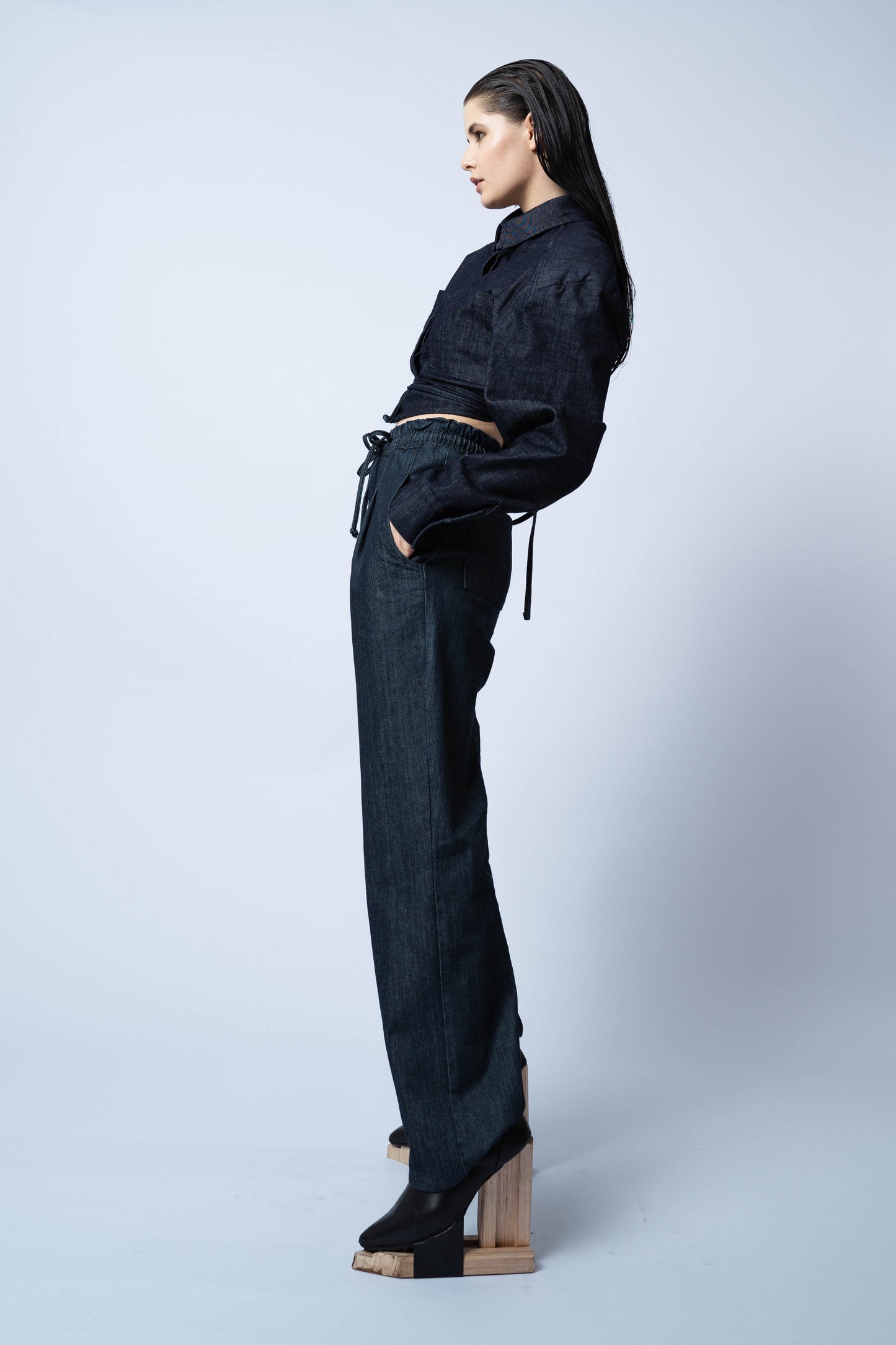 P6554 GALINI, OVERSIZE CROPPED JACKET, WITH TIES _ PRESS STUDS,JAPANESE COTTON, BLUE, SIZE- ONE SEZE FIT ALL