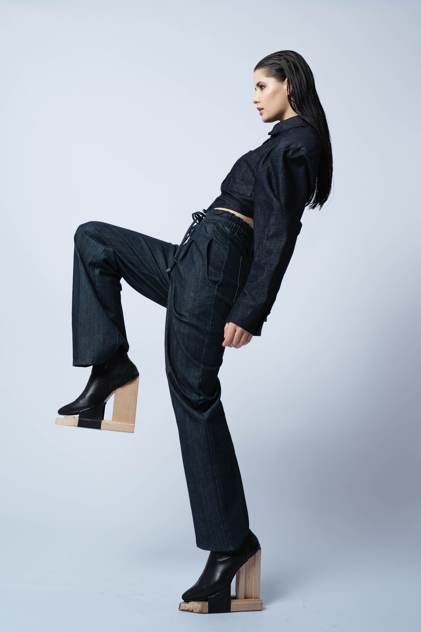 P6554 GALINI, OVERSIZE CROPPED JACKET, WITH TIES _ PRESS STUDS,JAPANESE COTTON, BLUE, SIZE- ONE SEZE FIT ALL