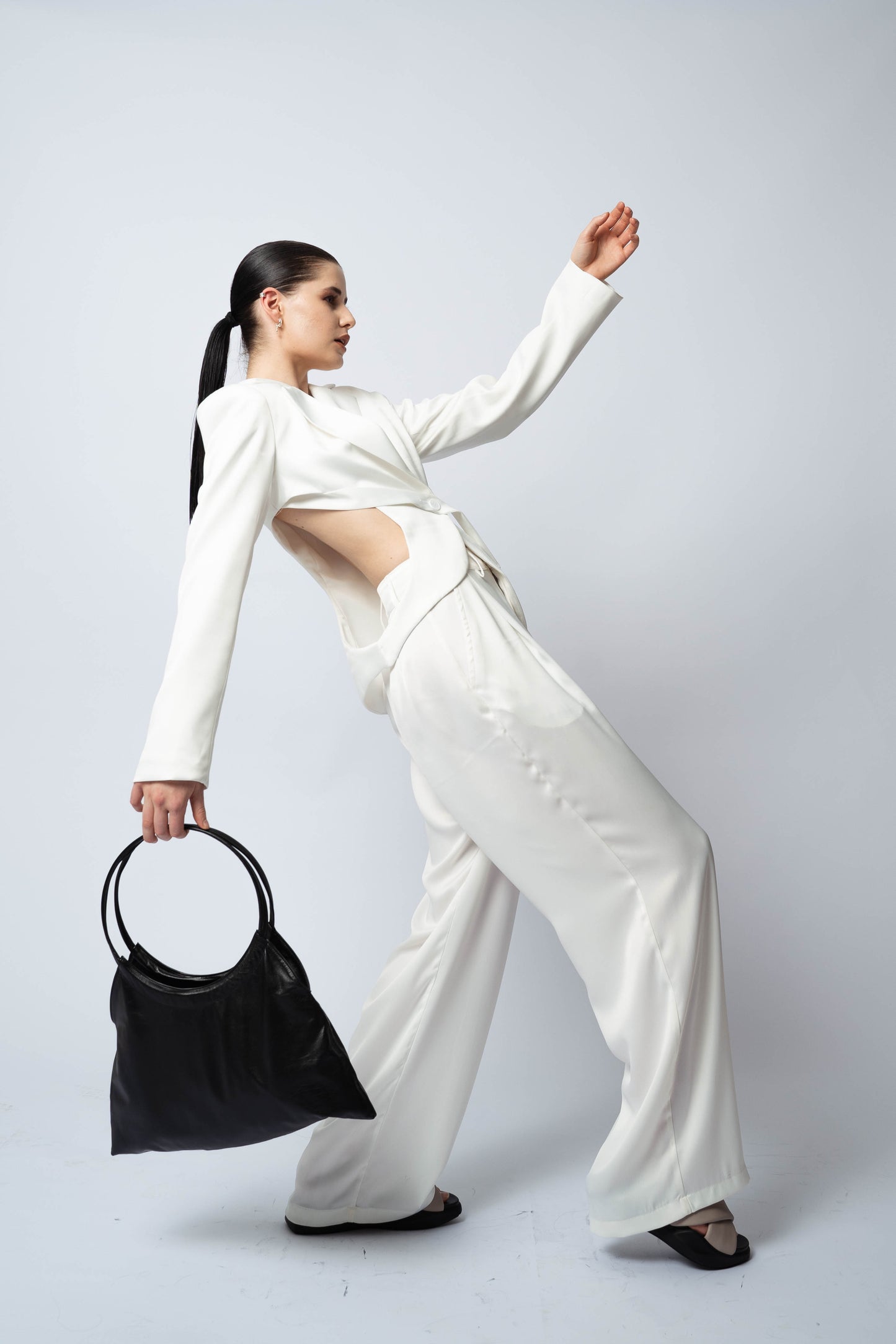 P6561 IDAZOESESOF IRONDA, SATIN BLAZER SELF LINEDWITH FUTURISTIC CIRCLES SIDE OPENING _ TIE BUTTON DETAIL