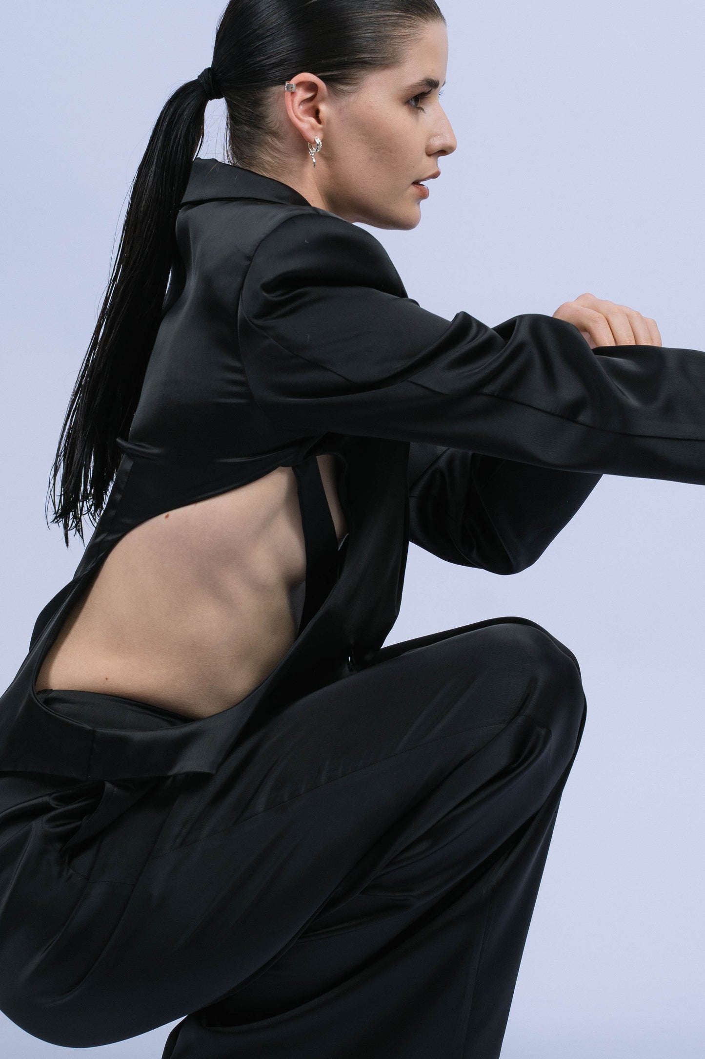 P6561 IDAZOESESOF IRONDA, SATIN BLAZER SELF LINEDWITH FUTURISTIC CIRCLES SIDE OPENING _ TIE BUTTON DETAIL