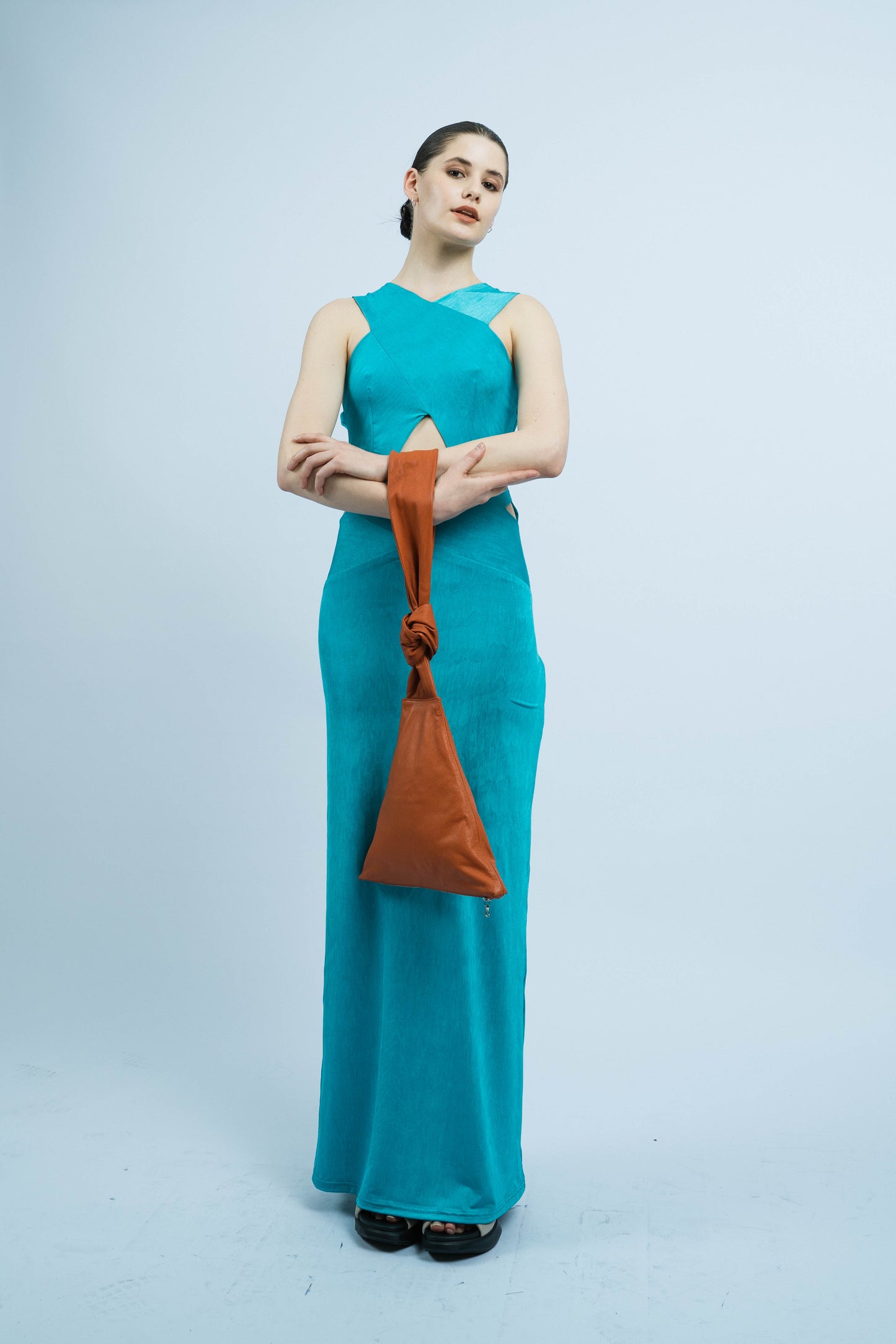 P6558 AIXONIDAI, EVENING LONG DRESS WITH CROSS PANEL PIECES, STRETCH TEXTURED FABRIC