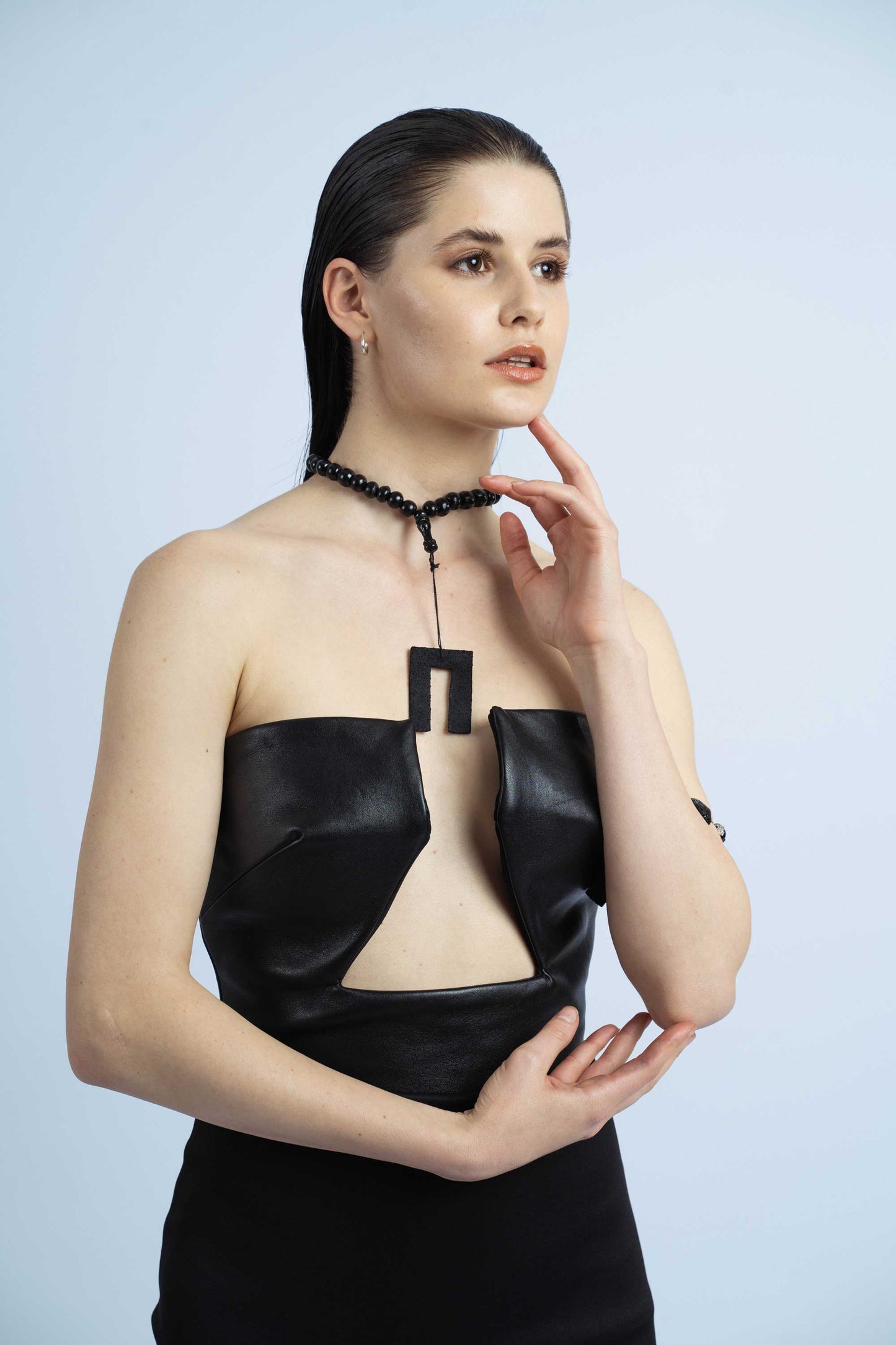 P6559 ARTEMIDA, GENUINE LAMB LEATHER, STRUCTURED BLACK ZIP, OPEN BUSIER MINI DRESS COMBINED WITH STRETCH BOTTOM FABRIC
