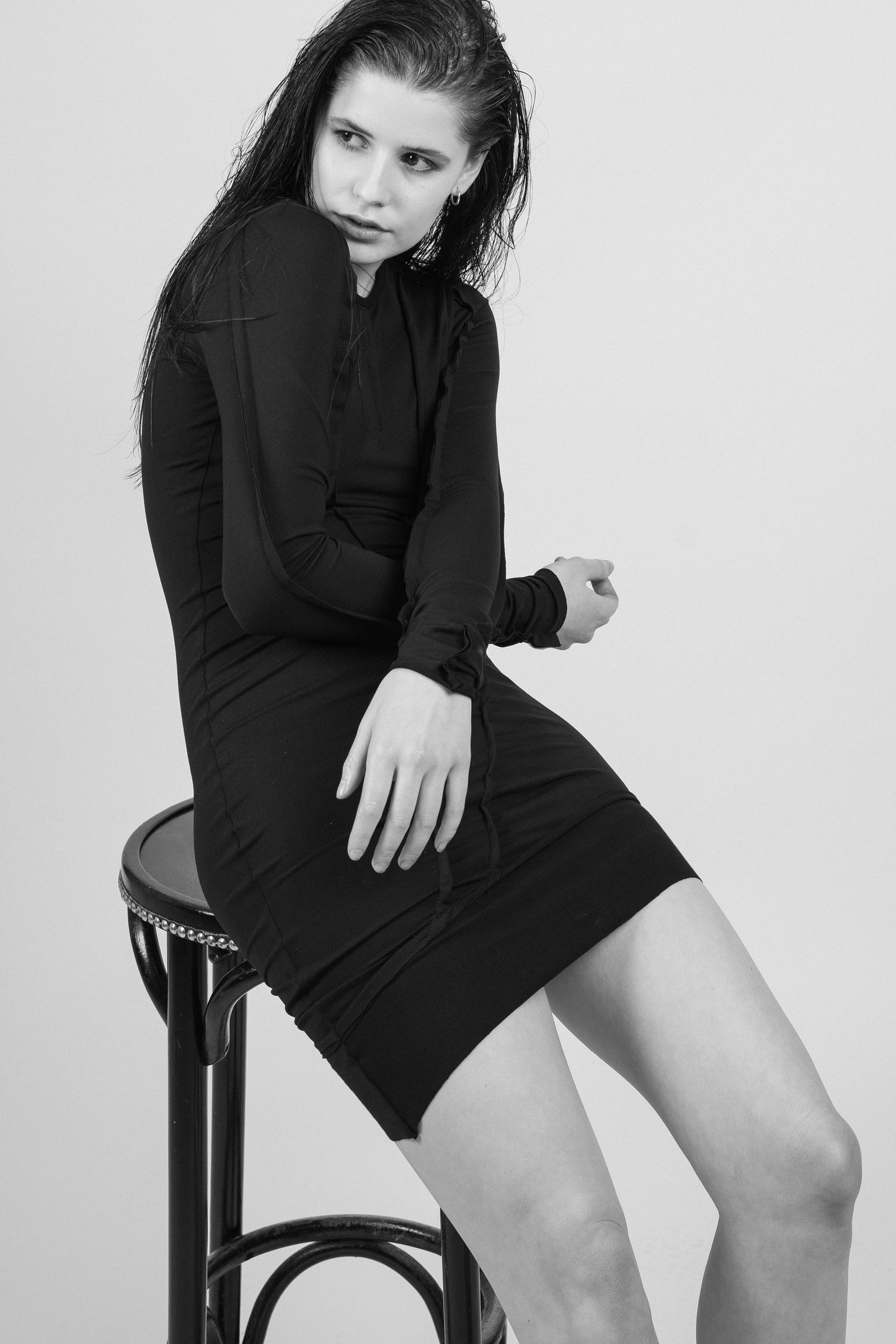 P6556 GLAUKI ASSYMMETRICAL DRESS WITH STICHING DETAILING, COTTON-LYKRA LONG SLEEVE WITH THUMBHOLE