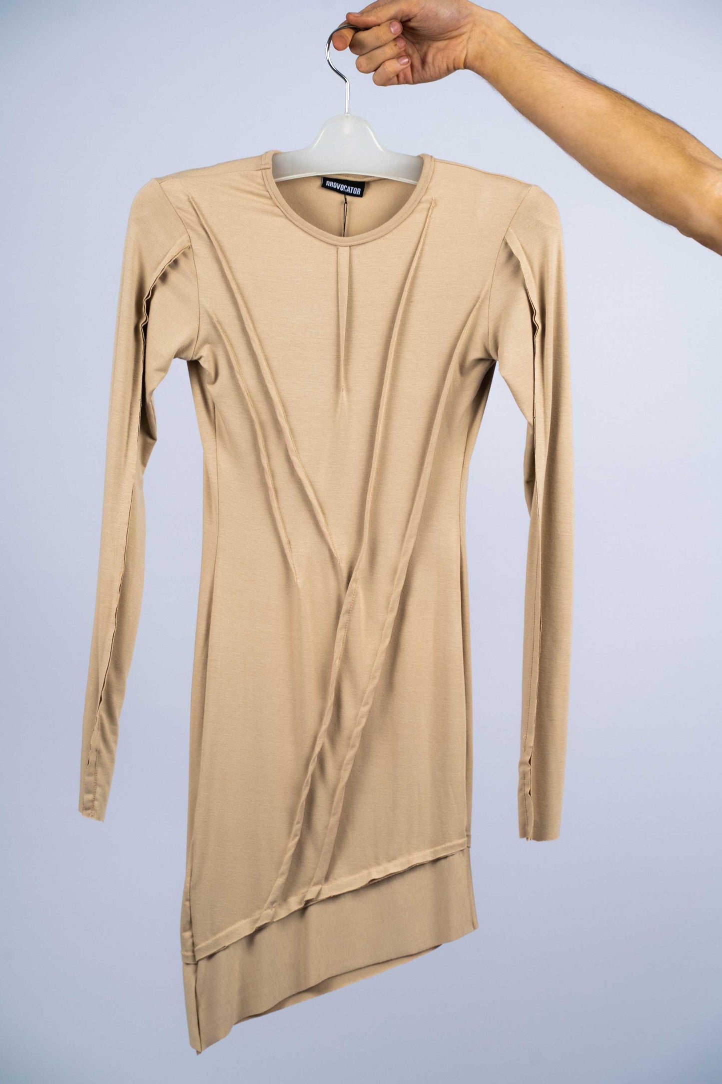 P6556 GLAUKI ASSYMMETRICAL DRESS WITH STICHING DETAILING, COTTON-LYKRA LONG SLEEVE WITH THUMBHOLE