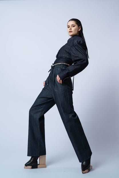 P6554 GALINI, OVERSIZE CROPPED JACKET, WITH TIES _ PRESS STUDS,JAPANESE COTTON, BLUE, SIZE- ONE SEZE FIT ALL
