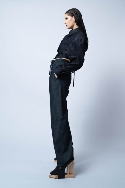 P6554 GALINI, OVERSIZE CROPPED JACKET, WITH TIES _ PRESS STUDS,JAPANESE COTTON, BLUE, SIZE- ONE SEZE FIT ALL