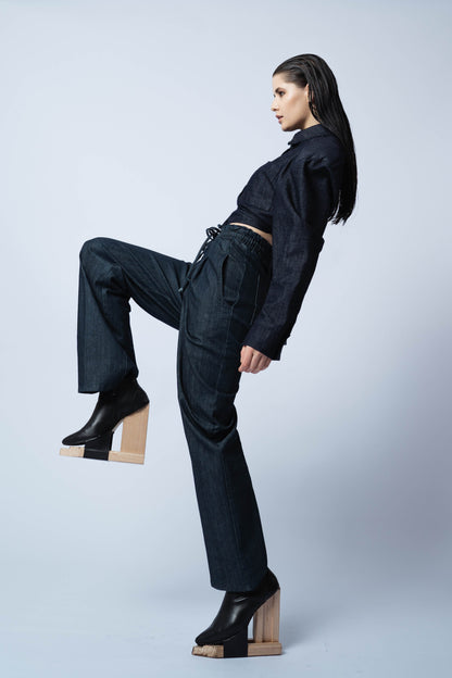 P6554 GALINI, OVERSIZE CROPPED JACKET, WITH TIES _ PRESS STUDS,JAPANESE COTTON, BLUE, SIZE- ONE SEZE FIT ALL