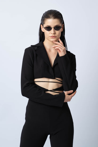 P6552 SEMELI, BONDED STRETCH CREPE CROPPED TIE UP JACKET