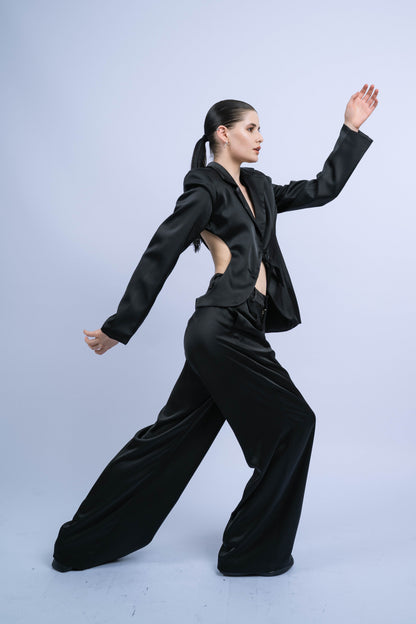 P6561 IDAZOESESOF IRONDA, SATIN BLAZER SELF LINEDWITH FUTURISTIC CIRCLES SIDE OPENING _ TIE BUTTON DETAIL