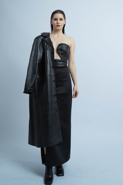 P7419 LEATHER COAT, AUSTRALIAN MADE LONG LEATHER BLACK COAT, FULLY LINED